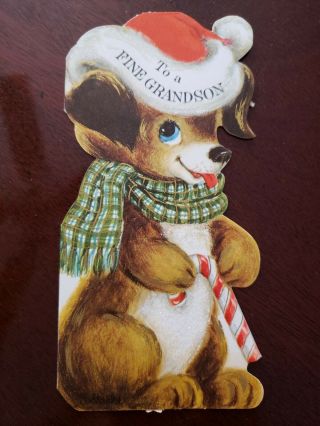 Vtg Hallmark Christmas Greeting Card Diecut Puppy Dog Santa Hat Candy Glitter