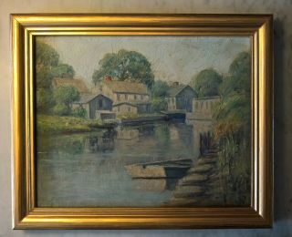 Antique American Impressionist River Landscape Oil Painting