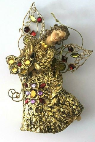 Metallic Gold Resin Angel W/rhinestones Christmas Ornament 5 1/2 "