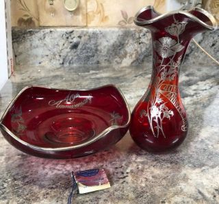 40th Anniversary Ruby Red Crystal Glass Sterling Silver Rim Vase & Bowl Dish Set