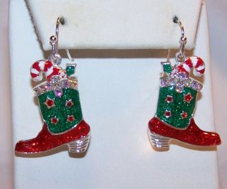 Rhinestone Christmas Boot Earrings - Cowgirl Boots Enamel Rhinestone Dangle -