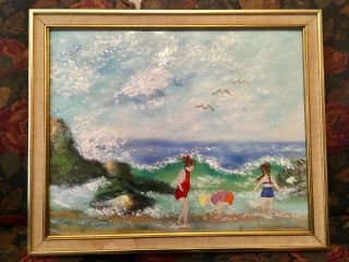 Large Enamel On Copper Painting By Jean Lucey - Children At Beach -