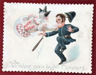 Victorian Circus Clown Smacks Policeman Christmas Year Greeting Card