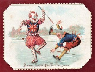 Victorian Two Circus Clowns Skating Christmas Year Greeting Card