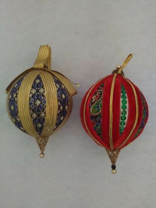2 Vintage Handcrafted Fabric Christmas Ball Ornaments Red & Blue
