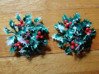 2 Vintage Christmas Taper Candle Wreaths – Plastic,  Holly Berries,  Snow