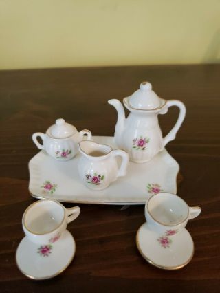 Vintage Miniature 10 Piece Porcelain Tea Set Rose Flowers Tray Aprox 3.  75 " X 3 "