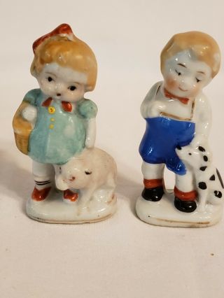 Vintage Made In Occupied Japan Porcelain Figurine Boy & Girl With Dogs