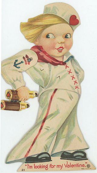 C1930s Mechanical Valentine Card Girl Sailor With Binoculars