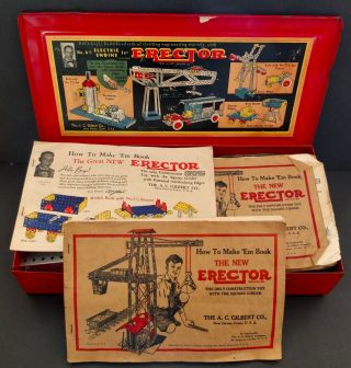 1938 A.  C.  Gilbert Erector Set Number 6 1/2 With 3 Manuals In Metal Case