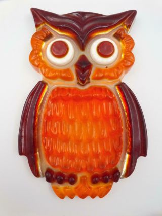 Lucite Owl Wall Art Plaque Home Decor Spoon Rest Orange Kitchy Big Eyes Vintage