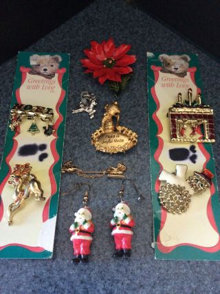Christmas Jewelry Santa Earrings Pins,  Avon Santa &sleigh Pin,  Precious Moments.