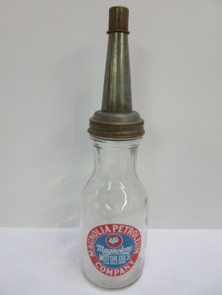 Vintage Magnolene Pennsylvania Glass Motor Oil Bottle Metal Masters Spout