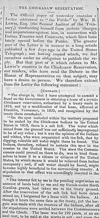 Chickasaw Reservations - Treaties & Contracts Indepth 1832 Newspaper