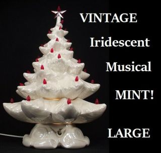 Vintage Ceramic Christmas Tree Holland Mold Large White Musical Iridescent
