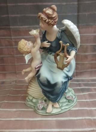 Heavenly Hand Painted Angel Holding Harp And Cherub With Roses.  Hand Painted.