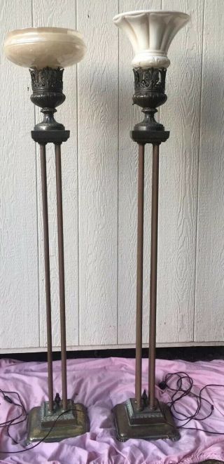 2 Vintage Funeral Home Floor Torch Lamps,  Brass,  Art Deco,  W/ Old Glass Shades