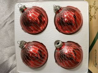 Box Of 4 Vintage Pyramid Red Glass Ball Christmas Ornaments Silver Micro Glitter