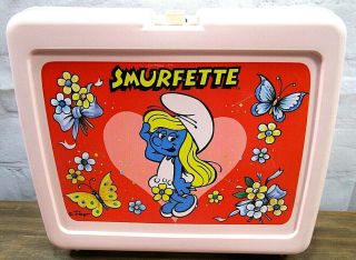 Smurfette Peyo Thermos Pink Lunch Box 1980s Vintage Retro Plastic Lunchbox - Read