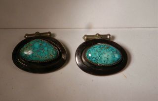 VINTAGE NAVAJO SPIDERWEB 8 TURQUOISE & STERLING SILVER CUFF LINKS,  SIGNED 2