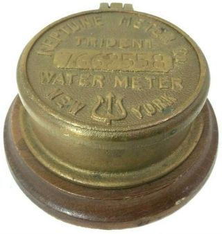 Neptune Trident Water Meter Paperweight Box Vintage Brass Wood Base York