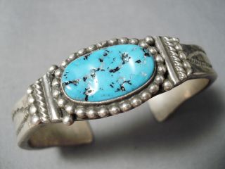 Incredible Vintage Navajo Deep Blue Turquoise Sterling Silver Thick Bracelet Old