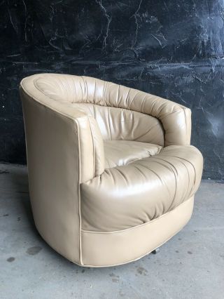 Vintage Swivel Leather Club Bucket Chair Beige Tan Modern