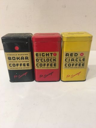 3 Banks Eight O’clock Bokar Red Circle A & P Coffee Tins Cans Red Black Yellow