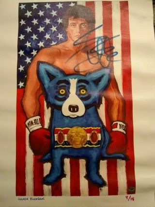 George Rodrigue Canvas Giclee Of Rocky The Blue Dog Hand Signed By Sly Stallone