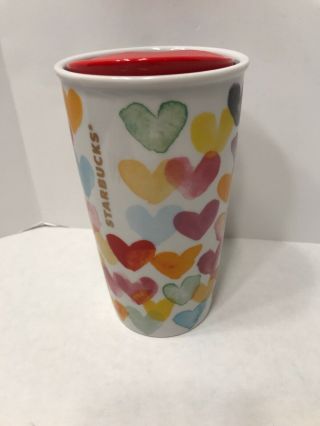 Starbucks Watercolor Hearts Ceramic Travel Cup Tumbler 10oz Coffee Mug 2015