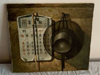 Trompe L’oeil Painting,  Chinese Calendar,  April 4,  1965,  Opium Pipe,  Hat.  Bin