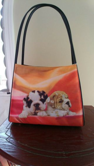 English Bulldog Puppy Dog Handbag Purse Fabric Vinyl Hand Straps