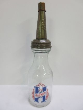 Vintage Huffman Pennsylvania Glass Motor Oil Bottle Metal Masters Spout