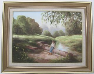Di King Australian Framed Oil " Country Scene With Young Girl On Log " 1984