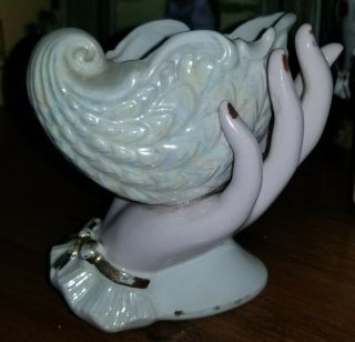 Vintage Ladies Hand Vase Iridescent Porcelain Sea Shell Norleans Japan Pink Gold