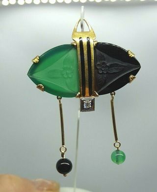 Vintage 14k Yellow Gold Modernist Pendant With Carved Black & Green Onyx