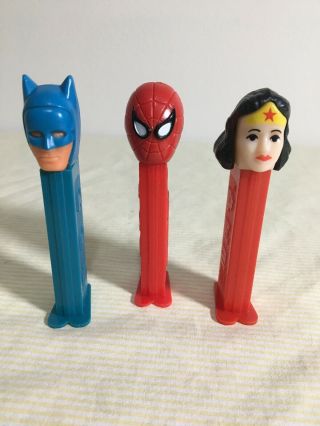Vintage 80’s Superhero Pez Dispensers Batman,  Spiderman,  Wonder Woman