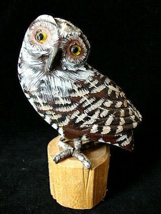 Hand Carved And Painted Wood Owl Figurine On Wood Base W/glass Eyes,  5 " Tall