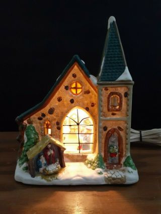 Vintage Porcelain Church Christmas Village House Comes With Electric Light