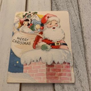 Vintage Greeting Card Christmas Santa Claus Toy Sack Doll Chimney Gibson
