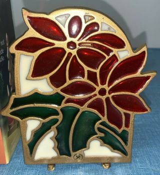 Vintage Tiffany Style Heavy Brass & Stained Glass Poinsettia Candle Holder Lamp