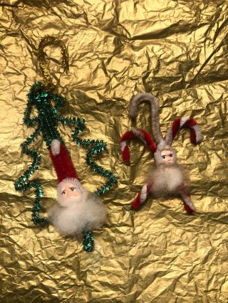 Two Vintage Pipe Cleaner Santa Claus Ornaments