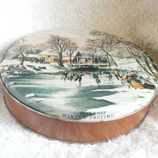Vintage Christmas Tin Currier And Ives Tin Winter Ice Skating Cookie Candy Box