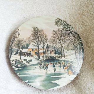 Vintage Christmas Tin Currier And Ives Tin Winter Ice Skating Cookie Candy Box 2
