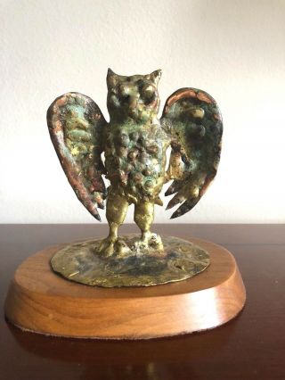 Vintage Bill Lett Mid Century Modern Brutalist Owl Sculpture Copper Wood Signed