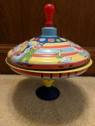 Vintage Schylling Metal Tin Circus Top With Red Wood Handle