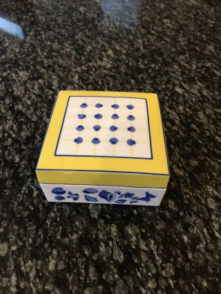 Lynn Chase Costa Azzurra Trinket Box Seashells Porcelain White Yellow Blue 1988