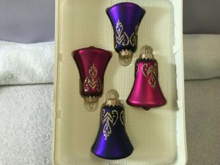 Christmas Ornaments Set Of 4 Glass Bells Purple & Maroon Max2375