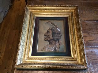 Framed Watercolor Indian Chief British Peace Medal Art Gilded Fancy Acorn Frame
