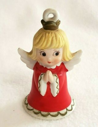 Vintage Christmas Angel Bell Ornament Blonde Hair Red Gold Porcelain Bisque 3 "